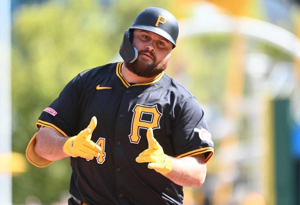 Sep 7, 2024; Pittsburgh, Pennsylvania, USA; Pittsburgh Pirates pinch hitter Rowdy Tellez (44) celebrates after hitting a