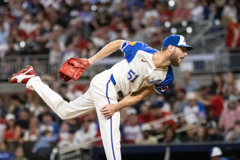 Sep 14, 2024; Cumberland, Georgia, USA; Atlanta Braves pitcher Chris Sale (51) pitches the ball against Los Angeles Dodgers