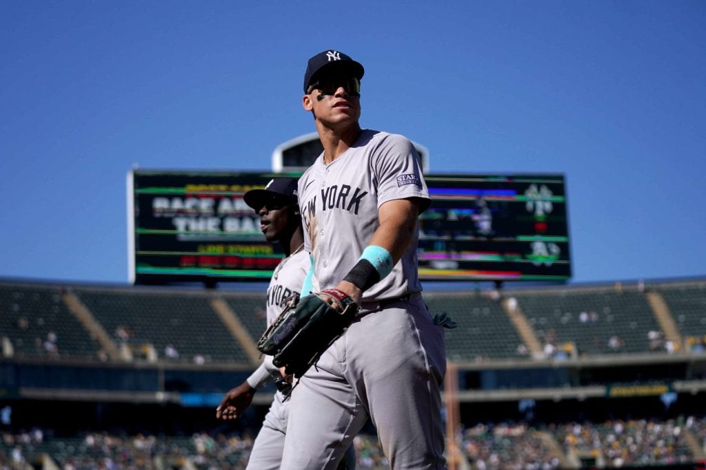 Sep 22, 2024; Oakland, California, USA; New York Yankees center fielder Aaron Judge (99) walks on the field against the