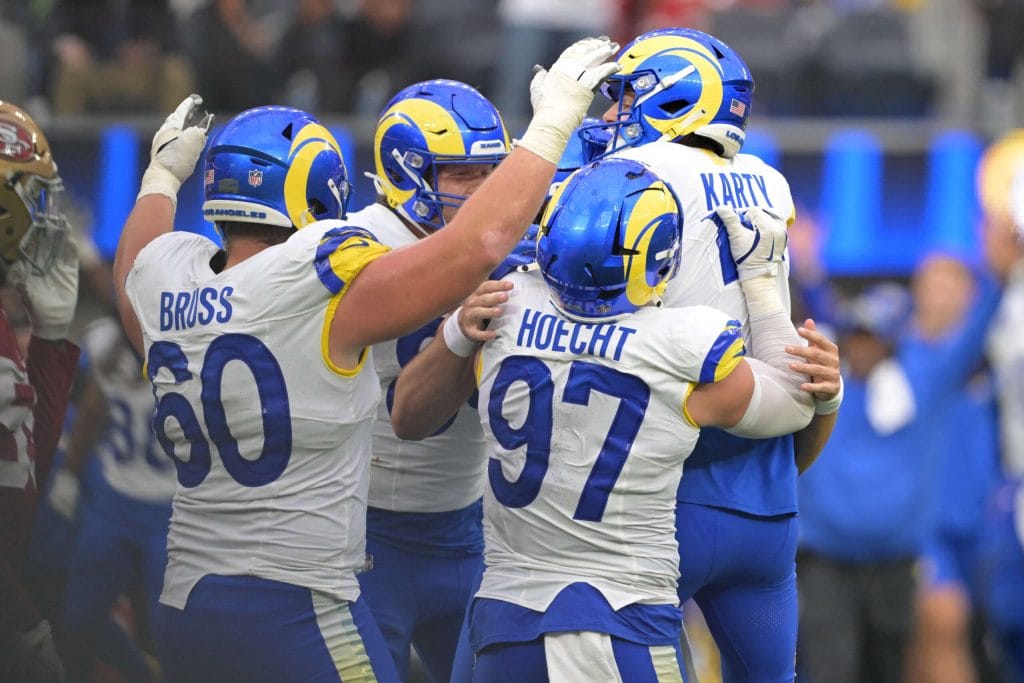 Sep 22, 2024; Inglewood, California, USA; Los Angeles Rams place kicker Joshua Karty (16) is congratulated after scoring the