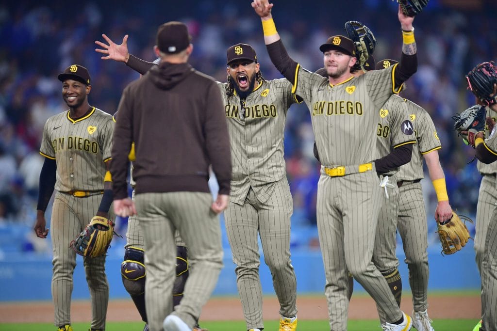 Sep 24, 2024; Los Angeles, California, USA; San Diego Padres and right fielder Fernando Tatis Jr. (23) celebrate the victory
