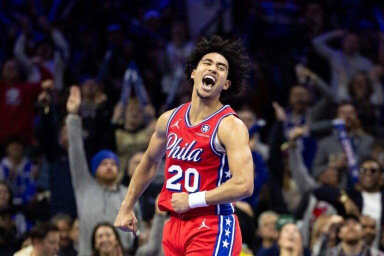 Philadelphia 76ers Jared McCain celebrates against the Brooklyn Nets, Oklahoma City Thunder