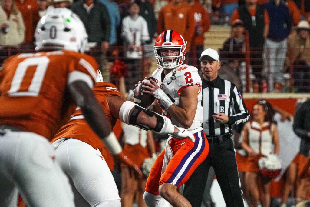 Clemson quarterback Cade Klubnik (2) throws a pass during the game against the Texas Longhorns in the first round of the