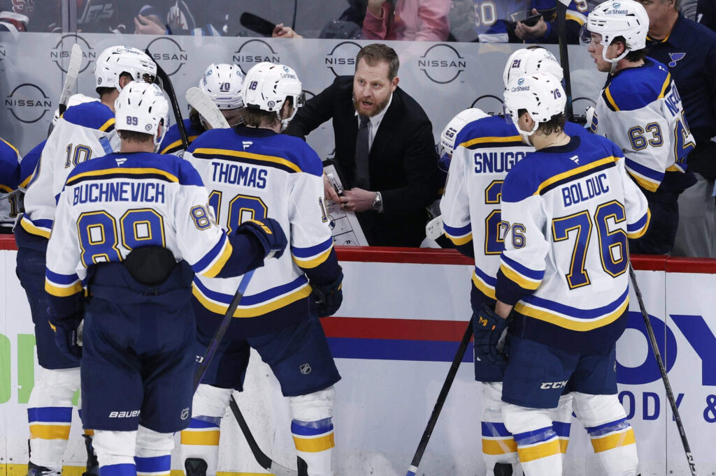 Apr 7, 2025; Winnipeg, Manitoba, CAN; St. Louis Blues assistant coach Steve Ott talks to players during a time out against