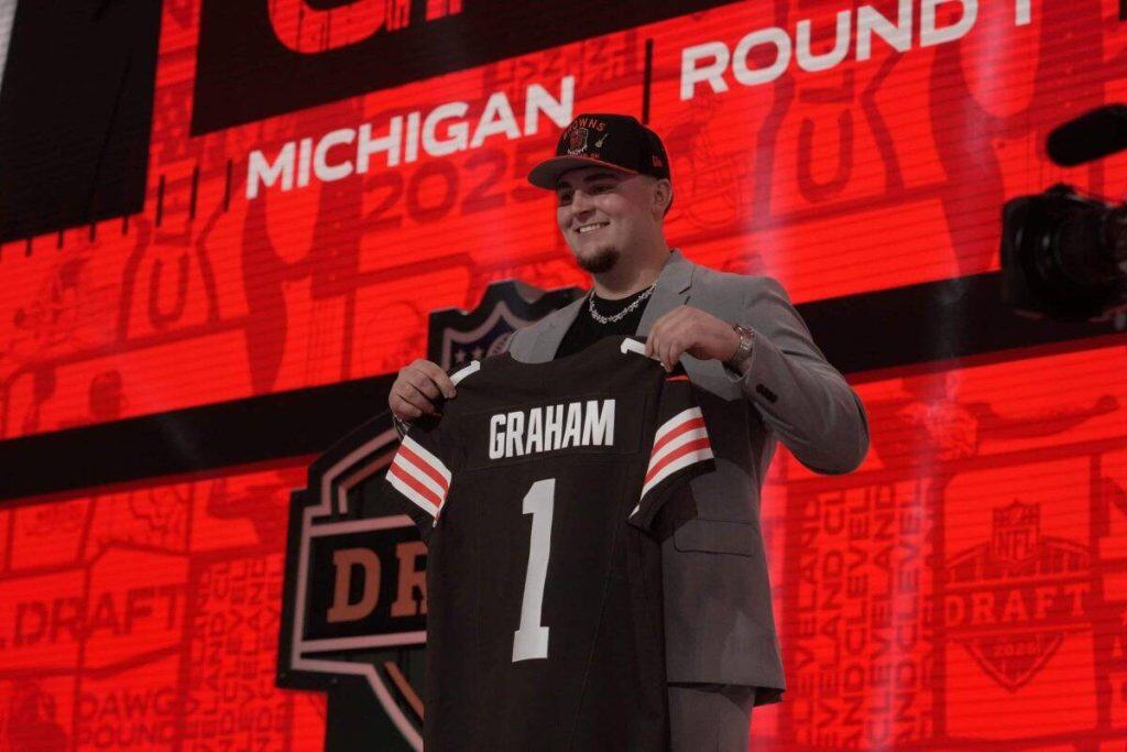 Mason Graham knee injury: Browns defensive tackle Mason Graham at the 2025 NFL Draft after being picked fifth overall