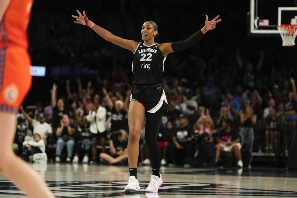 A'ja Wilson technical foul: Las Vegas Aces center A'ja Wilson reacts during a 2025 WNBA game in Las Vegas