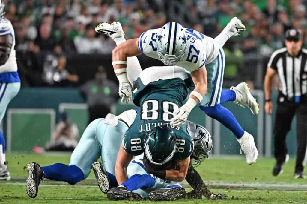 Dallas Goedert gets tackled in Week One game versus the Dallas Cowboys.