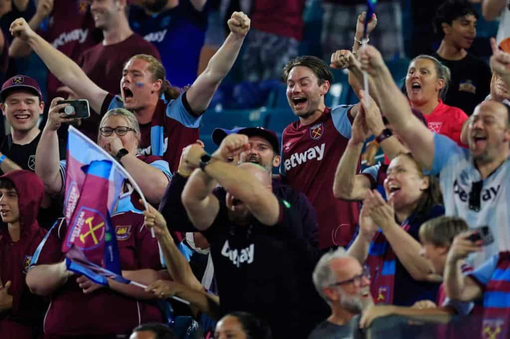 West Ham United fans cheer the tying goal 1-1 during the first half of The Stateside Cup soccer tournament game Saturday,