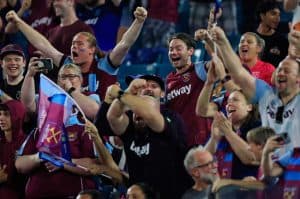 West Ham United fans cheer the tying goal 1-1 during the first half of The Stateside Cup soccer tournament game Saturday,