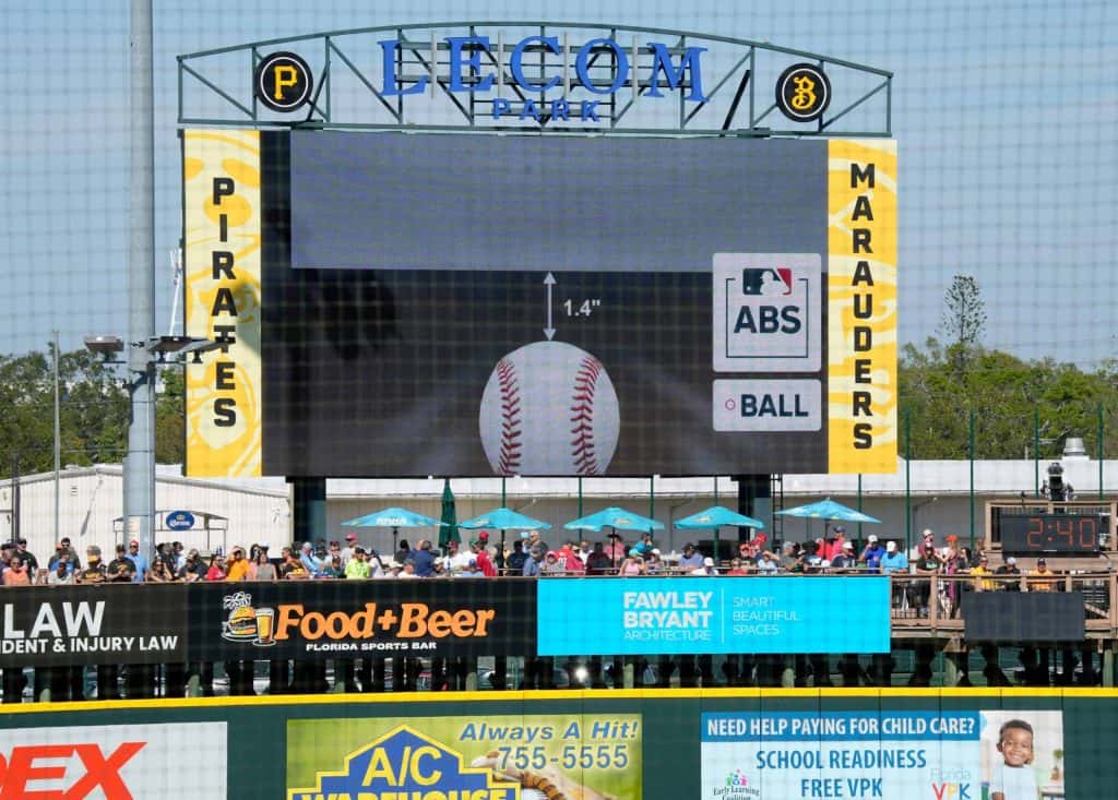 The scoreboard at LECOM Park displays a screen from the ABS challenge system, indicating that a called strike was actually a