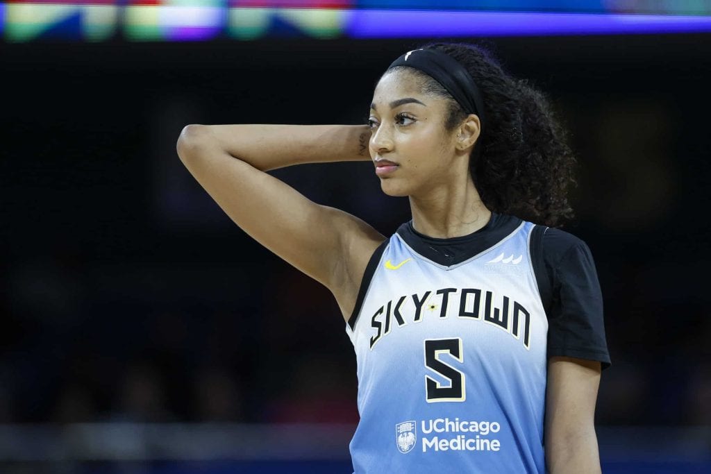 Angel Reese, then with the Chicago Sky, at Wintrust Arena in 2025, a year before the Angel Reese Defensive Player of the Year award with Atlanta