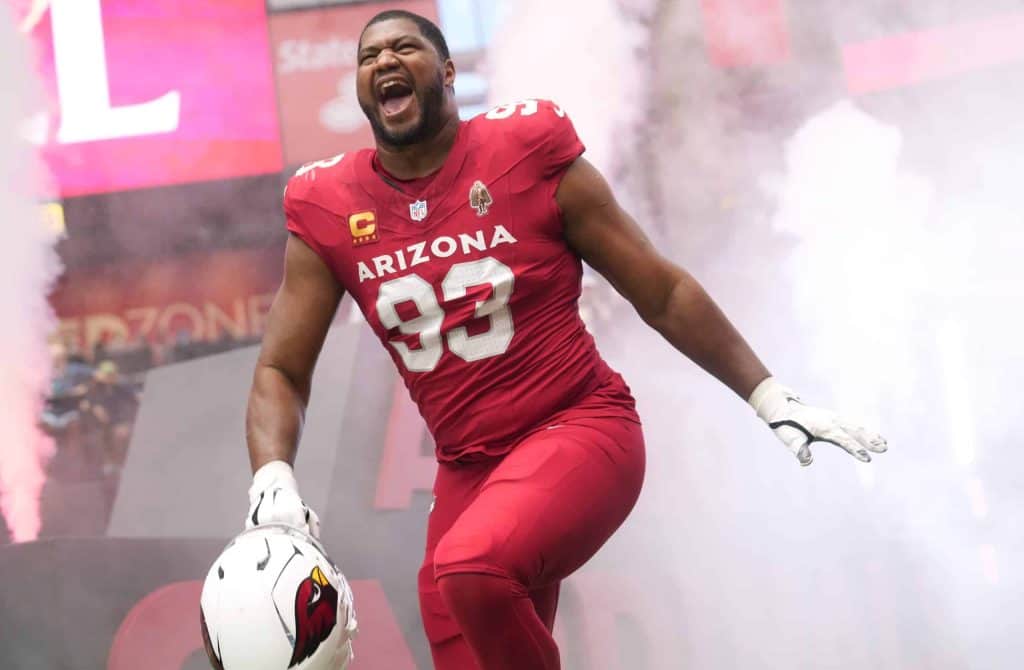 Arizona Cardinals defensive lineman Calais Campbell (93) is introduced before their game against the Carolina Panthers at