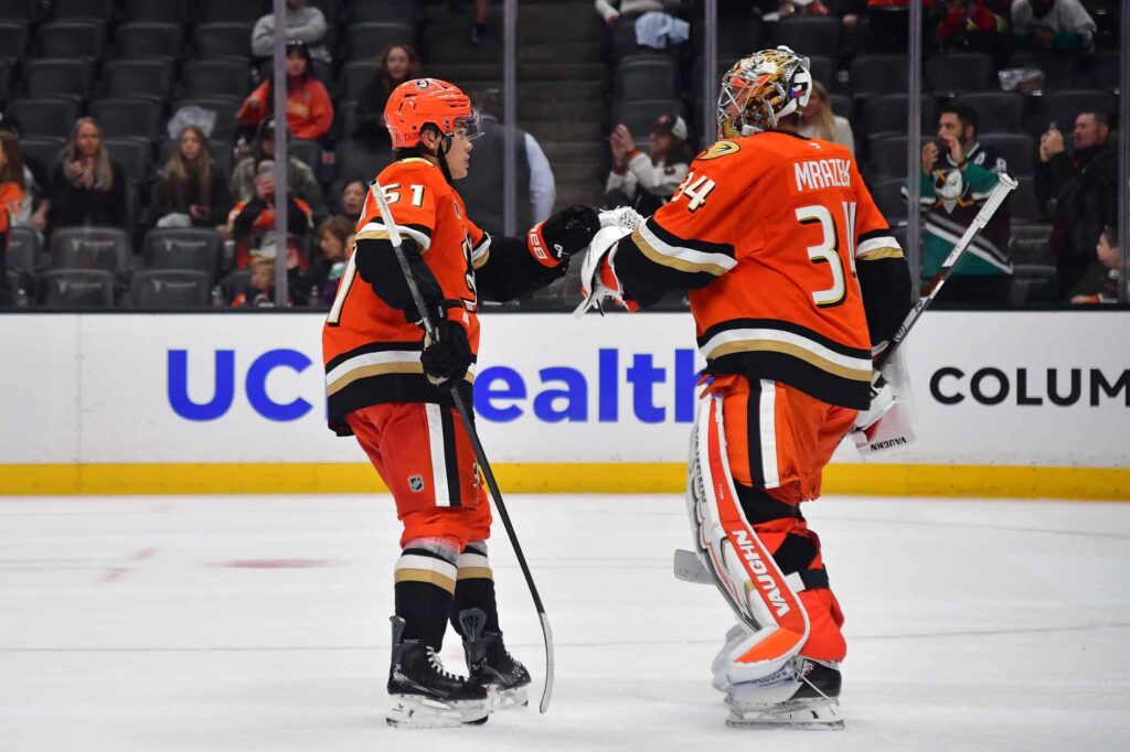 Ducks defenseman Olen Zellweger and goalie Petr Mrazek celebrate at Honda Center in 2025, a year before the Tristan Luneau contract extension