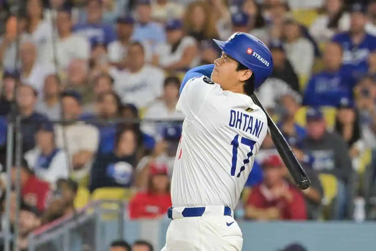 Shohei Ohtani hits a fifth inning homer for the Los Angeles Dodgers.