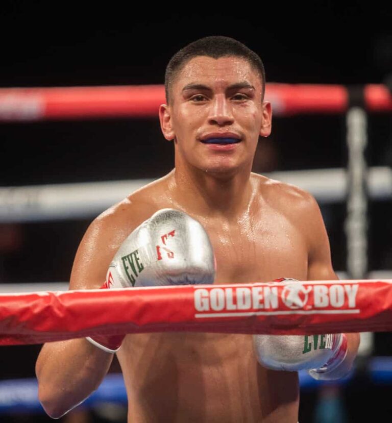 Vergil Ortiz Jr., in red corner, lands a right on Samuel Vargas during their bout at Fantasy Springs Resort Casino on July