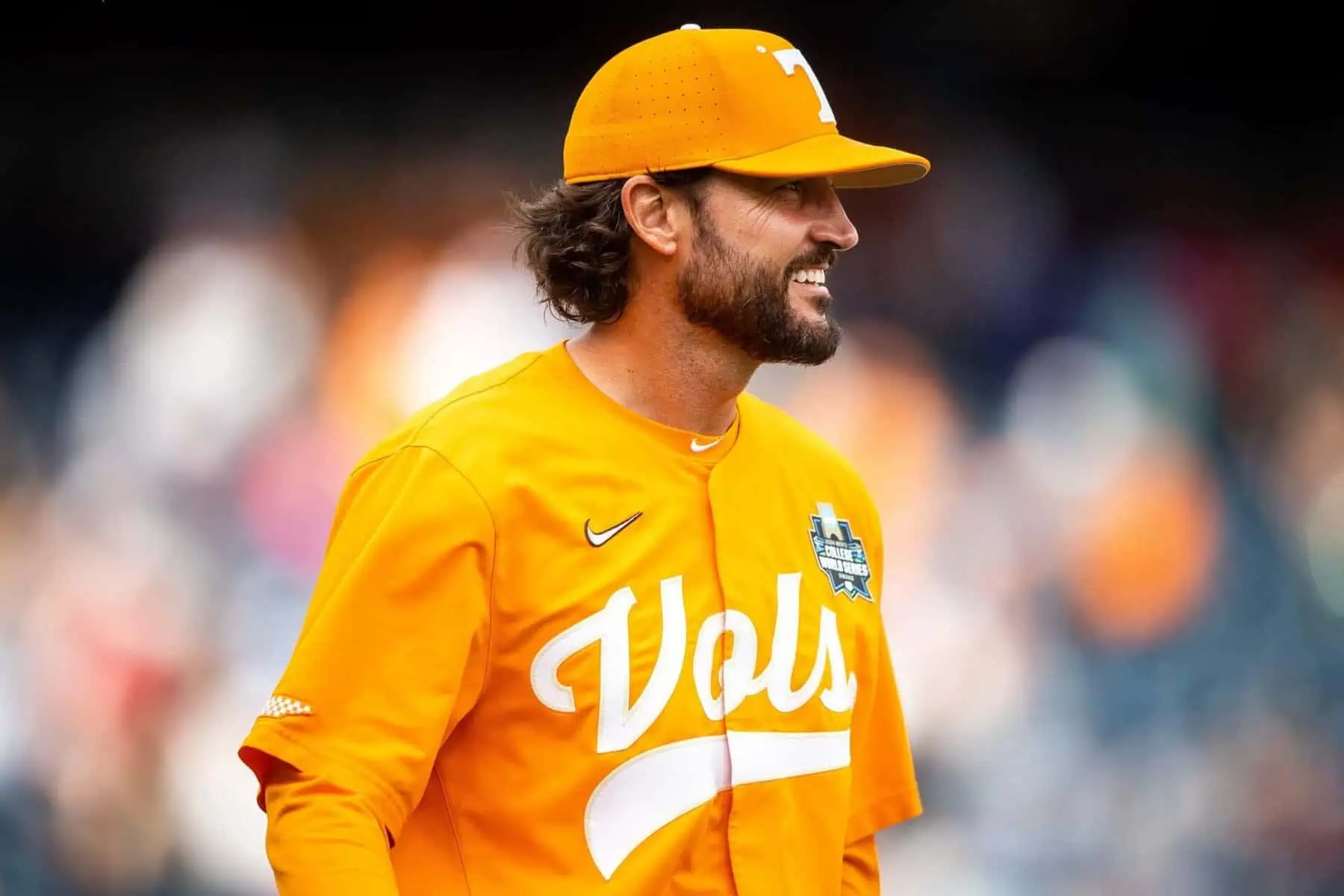 Tennessee head coach Tony Vitello smiles after a NCAA College World Series game between Tennessee and Florida Statue at Charles Schwab Field in Omaha, Neb., on Wednesday, June 19, 2024. Image by: Brianna Paciorka/News Sentinel / USA TODAY NETWORK