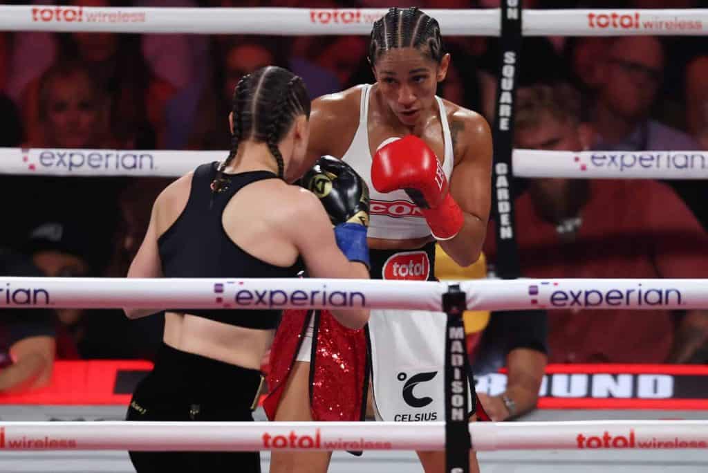 Amanda Serrano in her fight vs Katie Taylor at Madison Square Garden July 11. Image by: Vincent Carchietta-Imagn Image