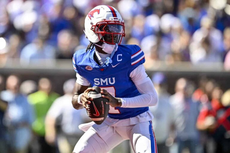 SMU quarterback Kevin Jennings, a key figure in Boston College vs. SMU, throws during an October 2025 game against Syracuse
