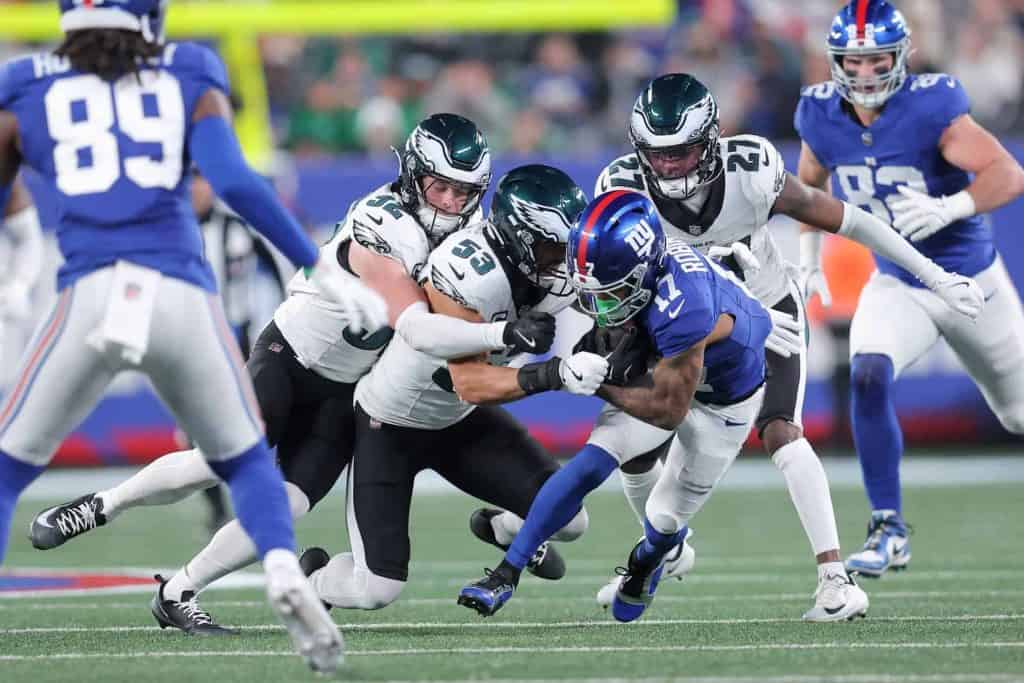 Eagles Quinyon Mitchell, Zack Baun, Reed Blankenship vs Giants, Denver Broncos