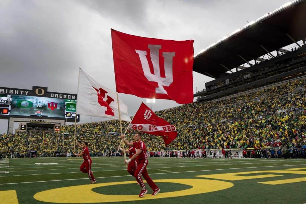 Indiana cheerleaders celebrate a touchdown as the Oregon Ducks host the Indiana Hoosiers Oct. 11, 2025, at Autzen Stadium in