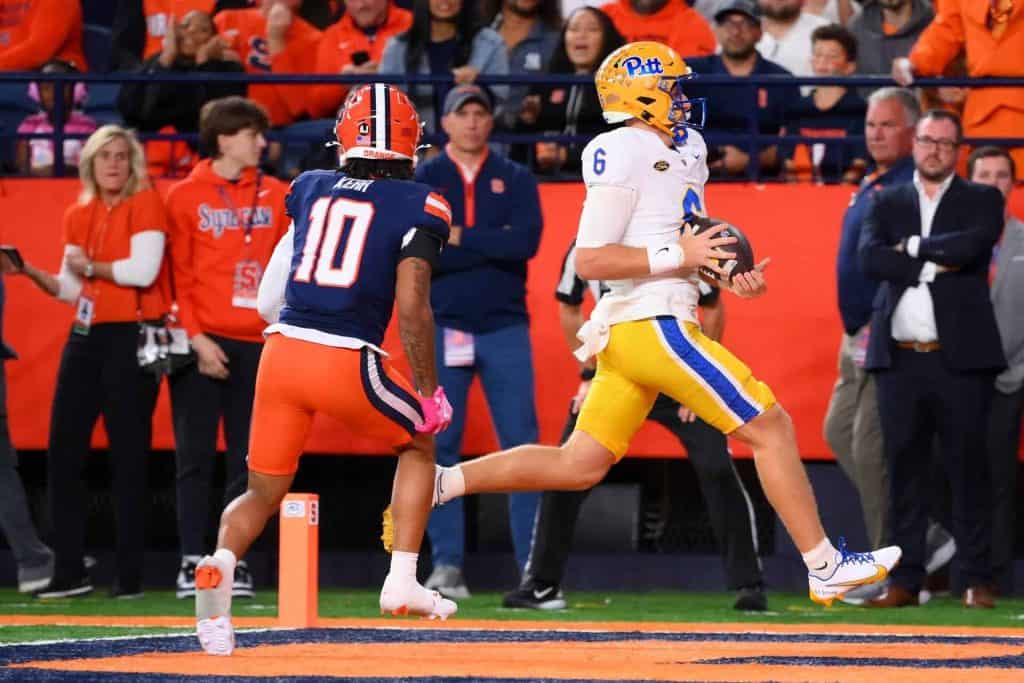 Pitt vs. Virginia Tech: Pitt quarterback Mason Heintschel runs into the end zone for a touchdown at Syracuse in October 2025