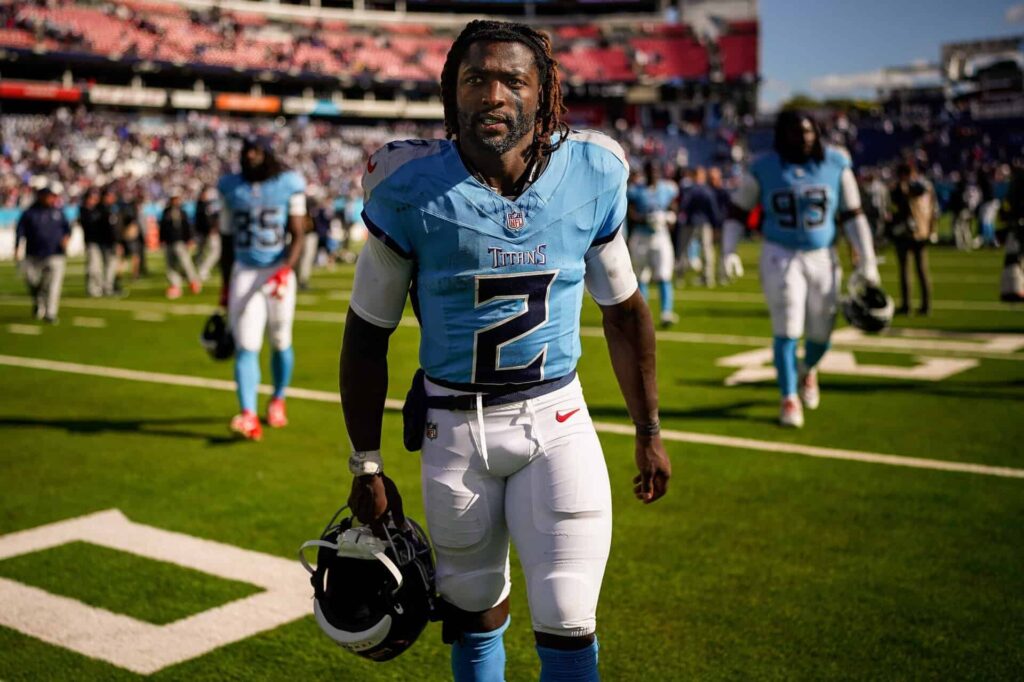 Tennessee Titans running back Tyjae Spears exits the field after their loss to the New England Patriots at Nissan Stadium in