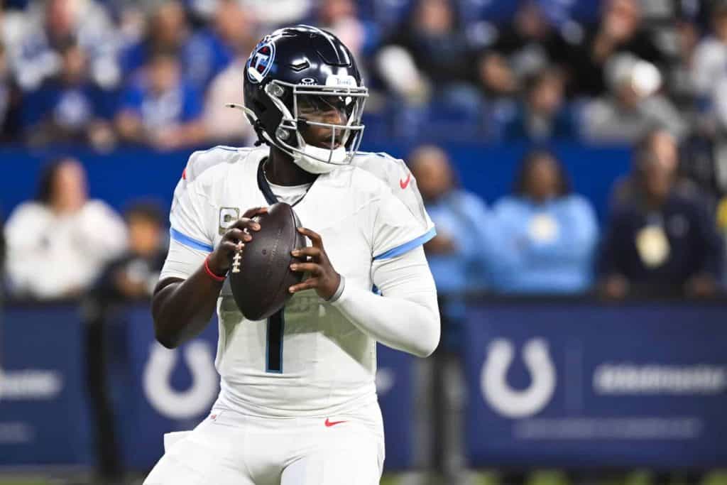 Tennessee Titans quarterback Cam Ward (1) warms up before the game against the Indianapolis Colts at Lucas Oil Stadium. Image by: Robert Goddin-Imagn Images