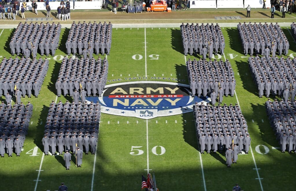 Army and Navy march on to the field before the 125th Army-Navy Game at Northwest Stadium in 2024. Image by: Danny Wild-Imagn Images