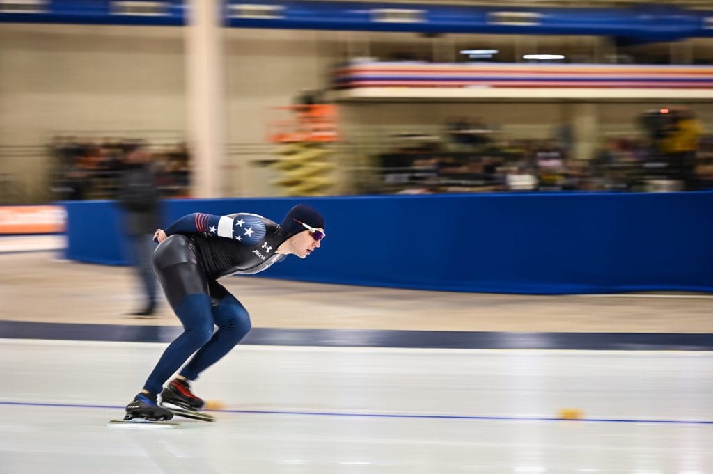 Casey Dawson of the United States races in the men’s 5,000 meters in the ISU World Cup meet Friday, January 31, 2025, at the
