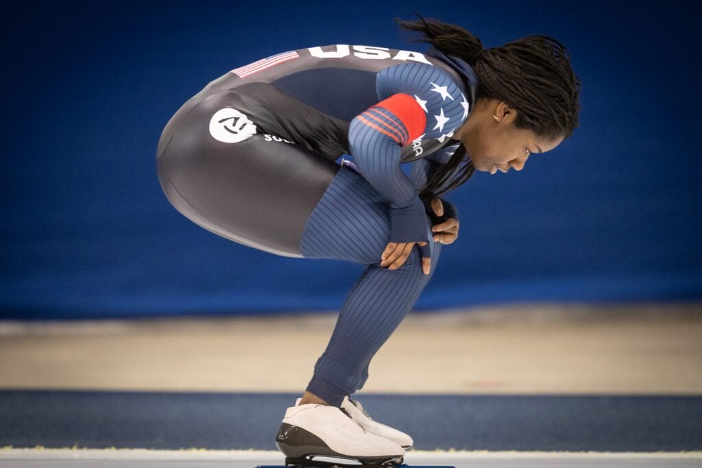 Erin Jackson of the United States cools down after competing in the women’s 500 meters in the ISU World Cup meet Sunday,