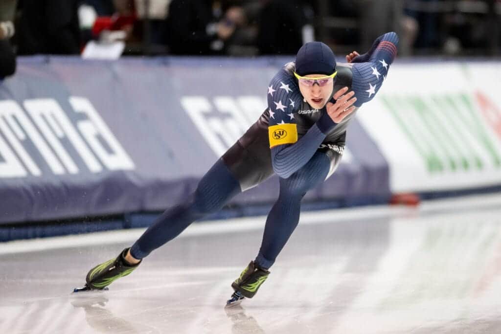 Jordan Stolz of the United States competes in the men’s 500 meters in the ISU World Cup meet Sunday, February 2, 2025, at