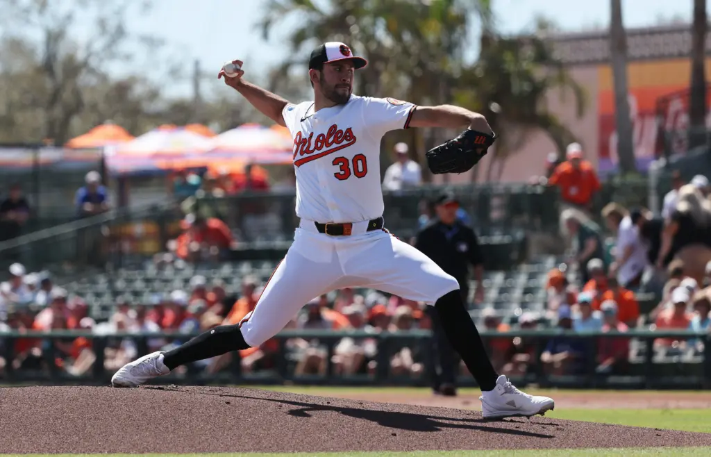 Grayson Rodriguez of the Baltimore Orioles pitching in Spring Training