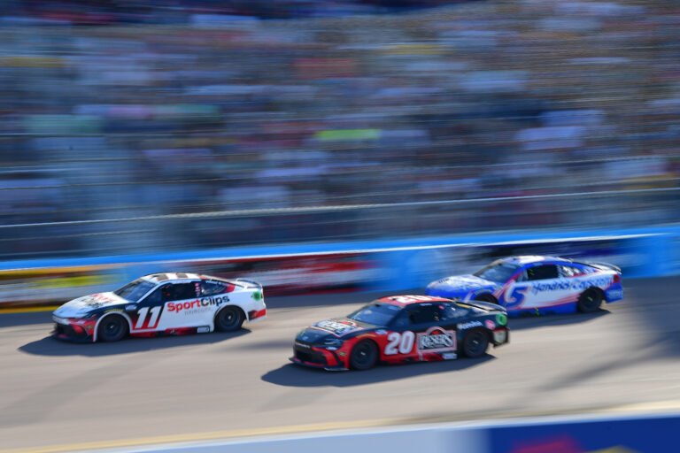 Denny Hamlin leads Christopher Bell and Kyle Larson at Phoenix in March 2025, ahead of their South Point 400 title fight at Las Vegas