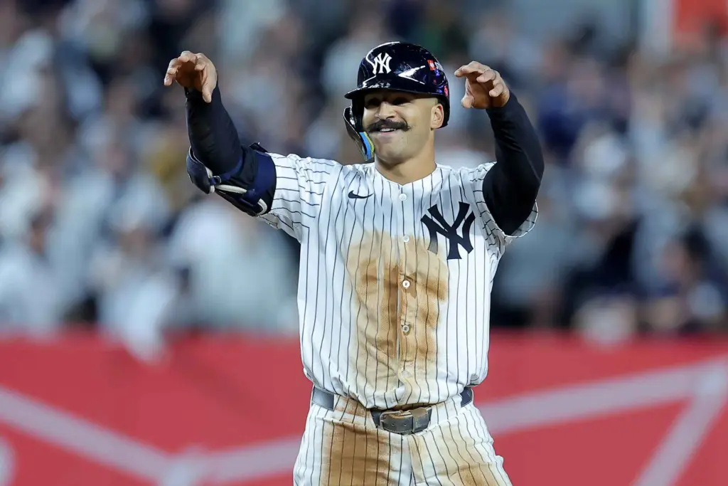 Trent Grisham celebrating after getting on base