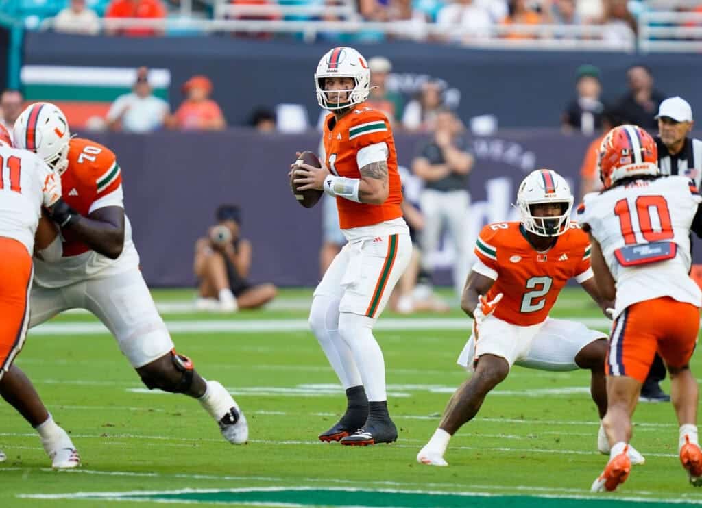 Miami Hurricanes quarterback Carson Beck (11) looks to pass against the Syracuse Orange during the first quarter at Hard Rock Stadium. Image by: Jeff Romance-Imagn Images