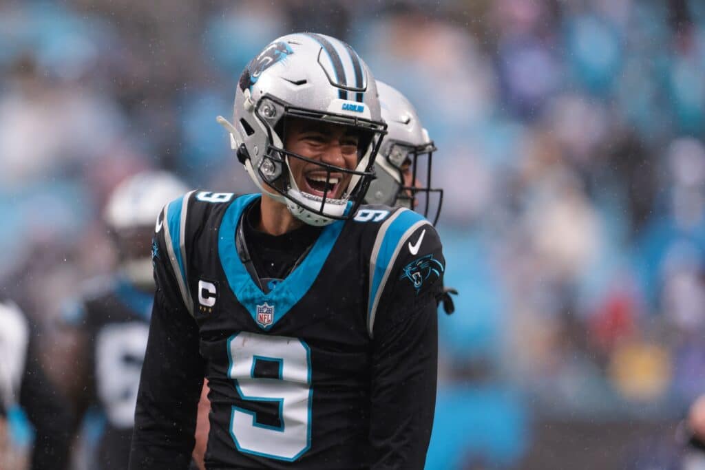 Carolina Panthers quarterback Bryce Young celebrates a touchdown at Bank of America Stadium, site of the Lions vs. Panthers game