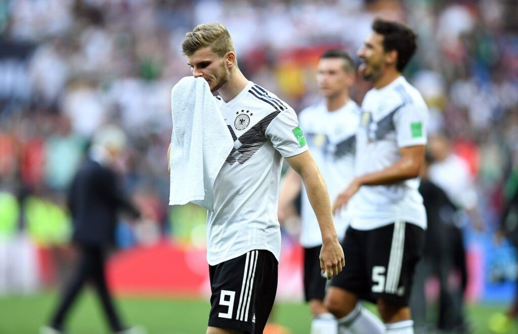 Jun 17, 2018; Moscow, Russia; Germany forward Timo Werner (9) reacts after losing to Mexico in Group F play during the FIFA World Cup 2018 at Luzhniki Stadium. Mandatory Credit: Tim Groothuis/Witters Sport via Imagn Images