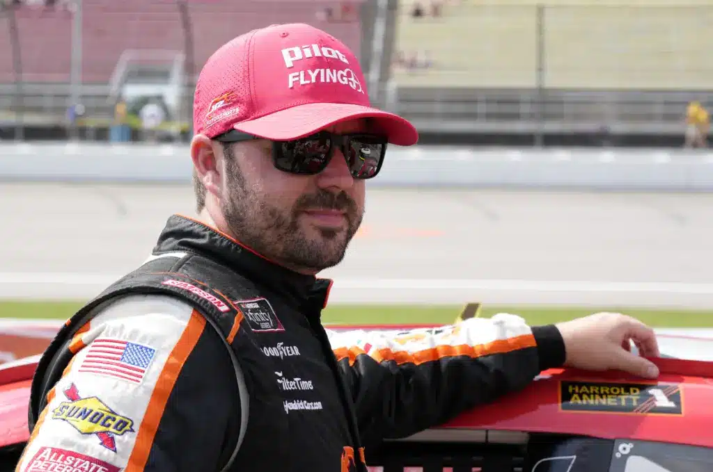 Aug 21, 2021; Brooklyn, MI, USA; Xfinity Series driver Michael Annett (1) before the start of the New Holland 250 at Michigan International Speedway. Mandatory Credit: Mike Dinovo-Imagn Images