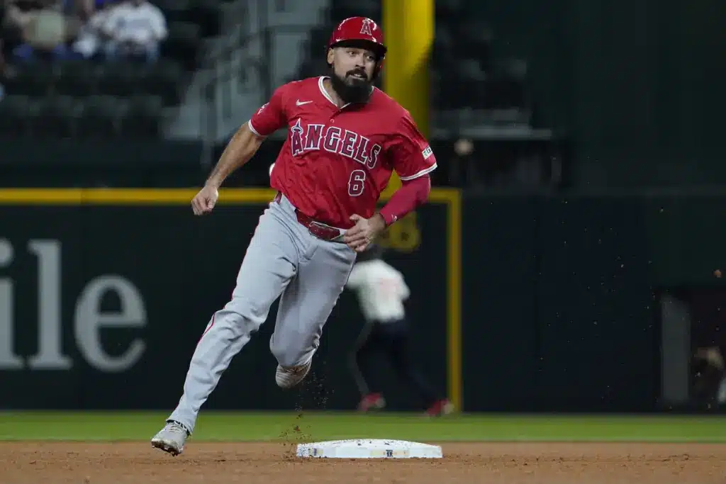 Sep 6, 2024; Arlington, Texas, USA; Los Angeles Angels third baseman Anthony Rendon (6) runs to third base during the sixth inning against the Texas Rangers at Globe Life Field. Mandatory Credit: Raymond Carlin III-Imagn Images