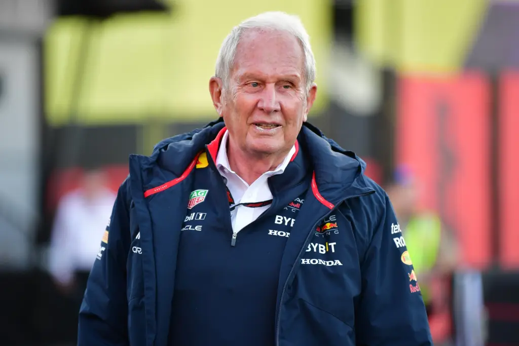 Nov 21, 2024; Las Vegas, Nevada, USA; Oracle Red Bull Racing advisor Helmut Marko arrices before practice for the Las Vegas Grand Prix at Las Vegas Circuit. Mandatory Credit: Gary A. Vasquez-Imagn Images