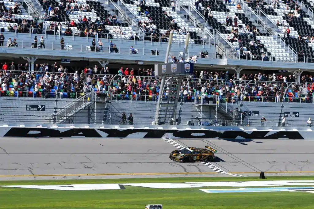 Entry List; Jan 26, 2025; Daytona Beach, FL, USA; AWA Corvette Z06 GT3.R of Orey Fidani, Matthew Bell, Lars Kern, and Marvin Kirchhoff (13) crosses the start/finish line to win to win the GT Daytona class of the Rolex 24 at Daytona International Speedway. Mandatory Credit: Jasen Vinlove-Imagn Images