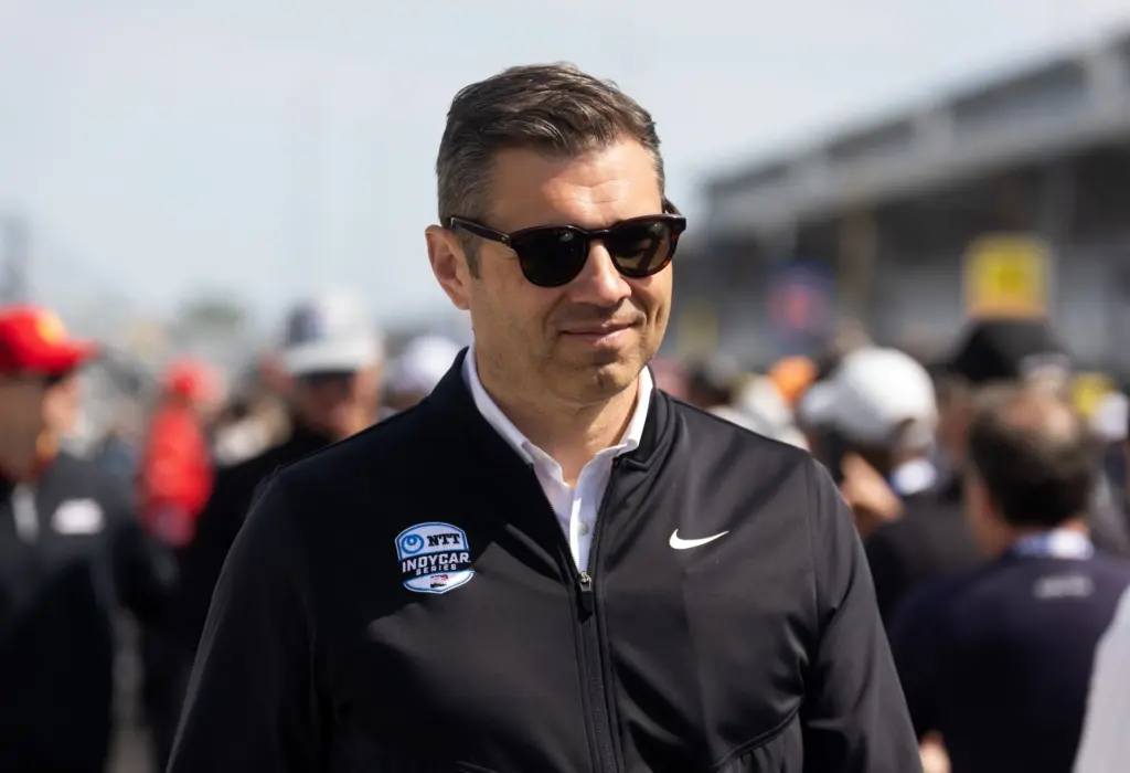 May 24, 2025; Indianapolis, IN, USA; IndyCar Series race director Kyle Novak at the Indianapolis 500 drivers meeting during Legends Day at Indianapolis Motor Speedway. Mandatory Credit: Mark J. Rebilas-Imagn Images