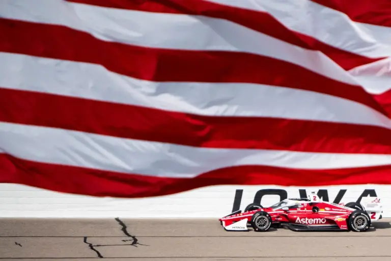 Joseph Newgarden (2) goes down the backstretch during the NTT IndyCar Series Synk 275 on July 12, 2025, at Iowa Speedway in Newton, Iowa. Pato O'Ward (5) finished first.