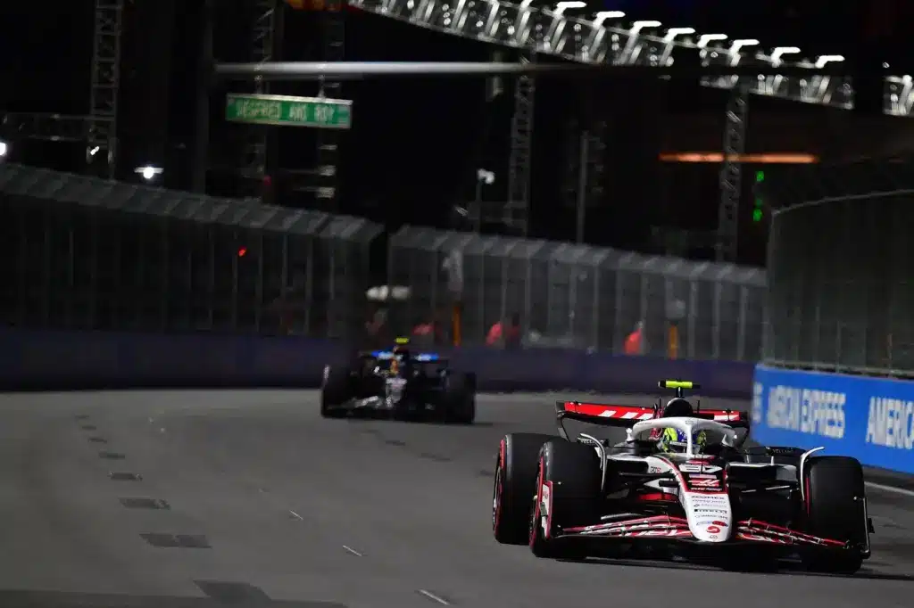 RB22; Nov 21, 2025; Las Vegas, NV, USA; Haas F1 Team driver Oliver Bearman (87) during practice for the Las Vegas Grand Prix at Las Vegas Strip Circuit.
