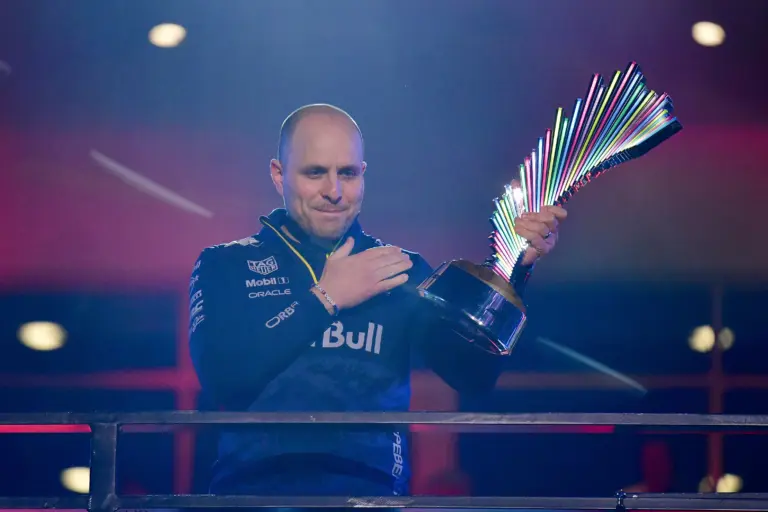 Nov 21, 2025; Las Vegas, NV, USA; Red Bull Racing engineer Gianpiero Lambiase celebrates the team victory of the Las Vegas Grand Prix at Las Vegas Strip Circuit. Mandatory Credit: Gary A. Vasquez-Imagn Images