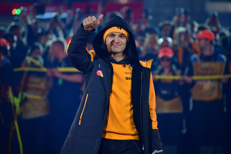 McLaren driver Lando Norris is introduced before the 2025 Las Vegas Grand Prix; the Norris apology followed the 2026 Baku crash