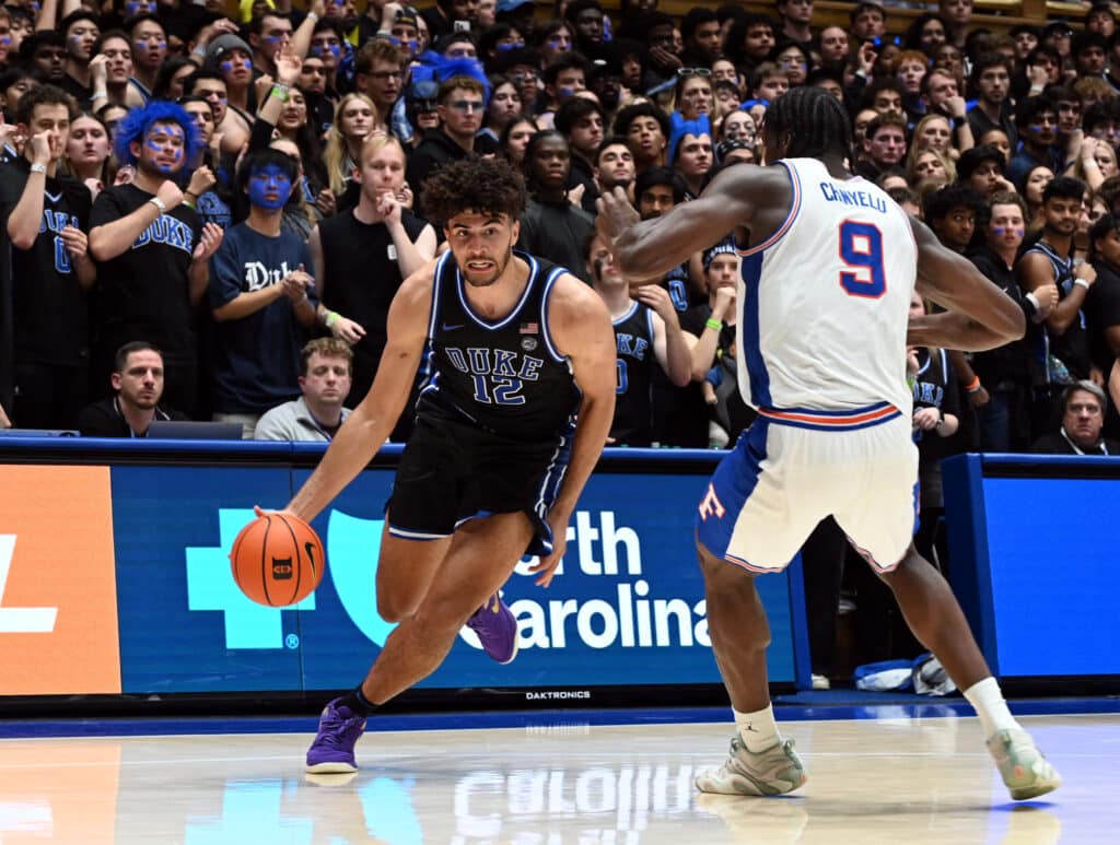 Duke forward Cameron Boozer drives against Florida at Cameron Indoor Stadium in December 2025, the program Luke Paul Duke commitment will join in 2027