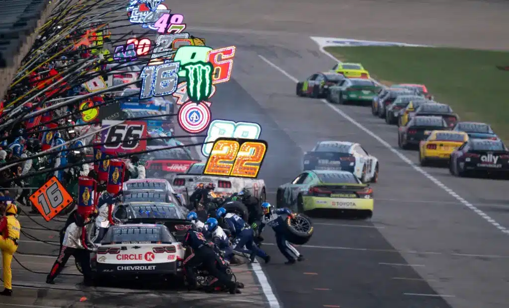 Pit row is busy during the Cracker Barrel 400 NASCAR Cup Series race at Nashville Superspeedway in Lebanon, Tenn., Sunday, June 1, 2025.
