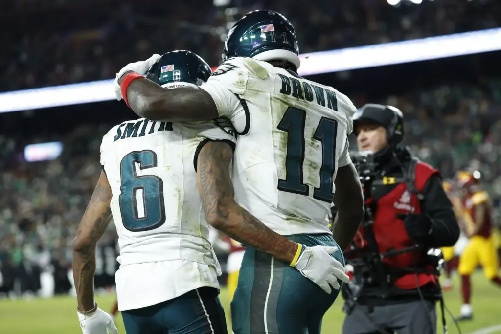 Devonta Smith and AJ Brown Celebrating Smith's touchdown in Eagles vs Commanders