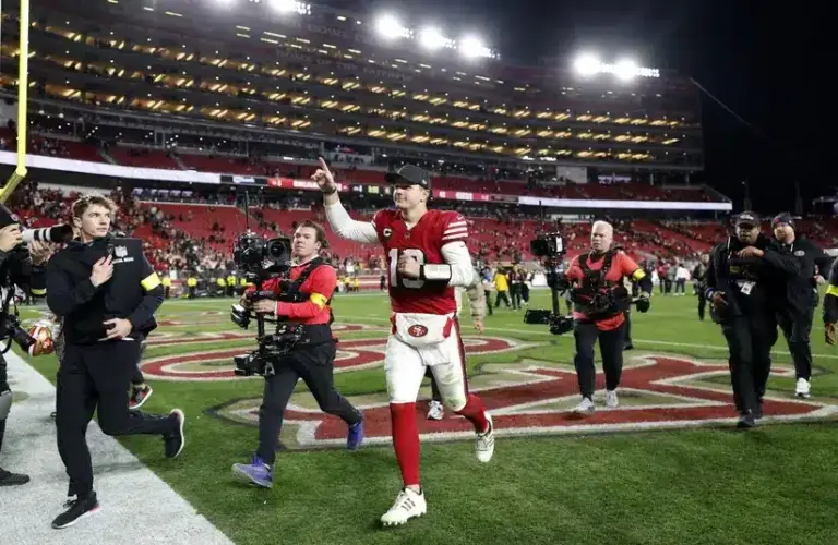 Broncos vs. 49ers preview: 49ers quarterback Brock Purdy celebrates at Levi's Stadium